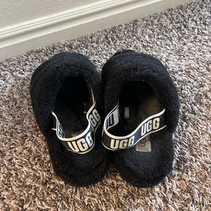 UGG Black Fuzzy Slides with Logo Strap
